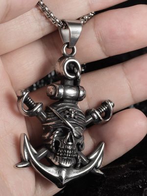 New Double Sword Pirate Man's Stainless Steel Necklace Halloween Skull Boat Anchor