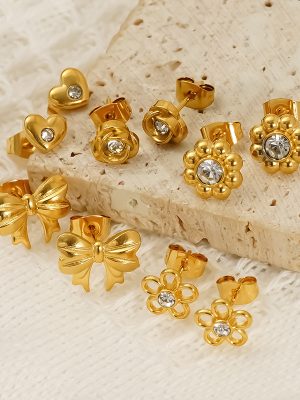 Stainless Steel Heart-Shaped Earrings Flower Cutout Zircon High-Grade Bow Stud Earrings Earrings for Women