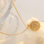 Retro Plaid round Brand Inlaid Zircon Embossed Constellation Dial Hour Hand Pendant Necklace Stainless Steel 18K Gold Plating