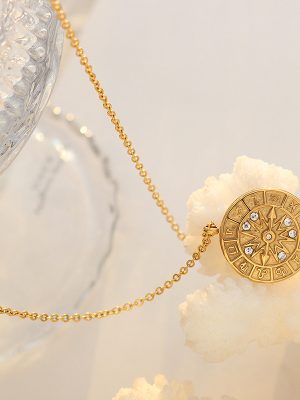 Retro Plaid round Brand Inlaid Zircon Embossed Constellation Dial Hour Hand Pendant Necklace Stainless Steel 18K Gold Plating