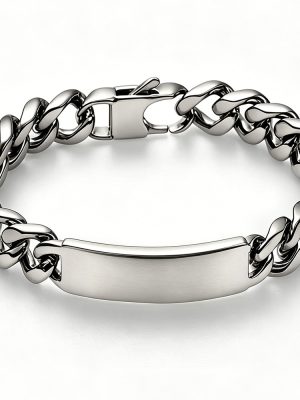 Stainless Steel Cuban Link Chain Bracelet Glossy Dog Tag Curved Brand Men's Ornament