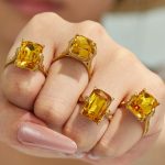 Creative Stainless Steel 18K Gold Plating Square Yellow Glass Stone Light Luxury Female Ring Ring