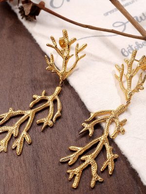 Branch-Shaped Earrings Women's Light Luxury Texture Earrings 18K Gold Plating Earrings Long and Simple