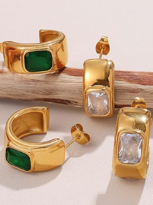 New Design C- Shaped Inlaid Beccarite Earrings Stainless Steel 18K Gold Plating Temperament Commute Quality