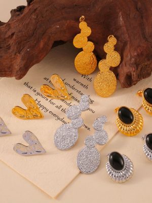 Exaggerated and Personalized Texture Design Love Heart Earrings Black Agate Stainless Steel Plated 18K Real Gold Ornament Color Retention