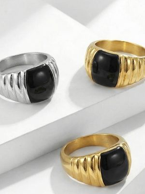 French Retro Weight Colored Glaze Stainless Steel Ring Plated 18K Real Gold Heavy Industry Light Luxury Personalized Ring Ornament
