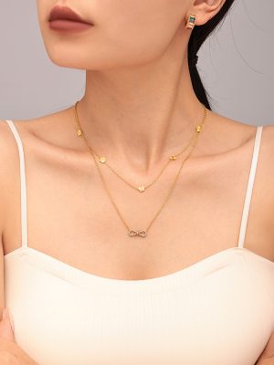 Ornament 8 Words Inlaid Zircon Super Flash Clavicle Double Layer Twin Necklace Women's Bracelet Stainless Steel PVD Electroplating