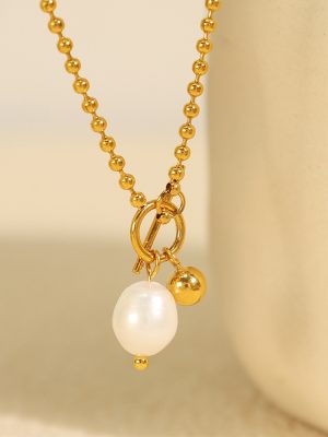 OT Buckle Pearl Pendant Necklace Women's Design Stainless Steel Light Luxury New Cold Clavicle Chain