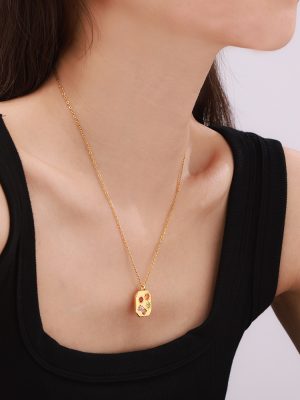 Retro and Hipster Style Casual Stainless Steel Gold-Plated Necklace Geometric Inlaid Color Zircon Design Pendant Ornament