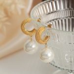 New Style Light Luxury Personality Retro Stainless Steel Gold-Plated Imitation Pearl Pendant Earrings Earring Ornament Women