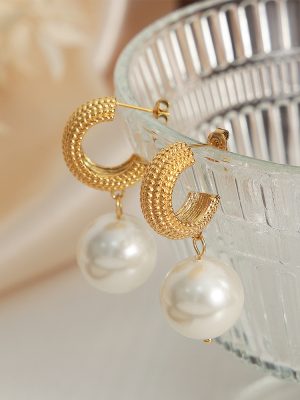New Style Light Luxury Personality Retro Stainless Steel Gold-Plated Imitation Pearl Pendant Earrings Earring Ornament Women