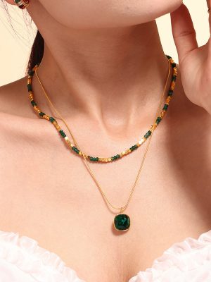 New Natural Stone Beaded Crystal Stone Pendant Double-Layer Necklace Stainless Steel All-Match Clavicle Chain Necklace