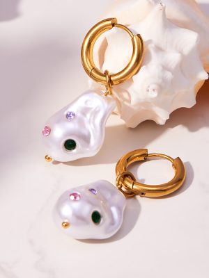 Light Luxury Stainless Steel Special-Shaped Baroque Beads Earrings 18K Gold Plating Colorful Rhinestone All-Match Earrings