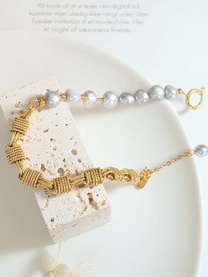 Copper Chain with Gray Freshwater Pearl Bracelet Creative Hand Jewelry Women's Valentine's Day Gift