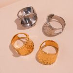 18K Real Gold Plated Wide Surface Hammered Ring Stainless Steel Index Finger Ring Ornament Rings