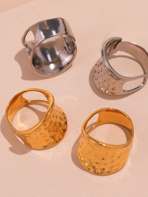 18K Real Gold Plated Wide Surface Hammered Ring Stainless Steel Index Finger Ring Ornament Rings