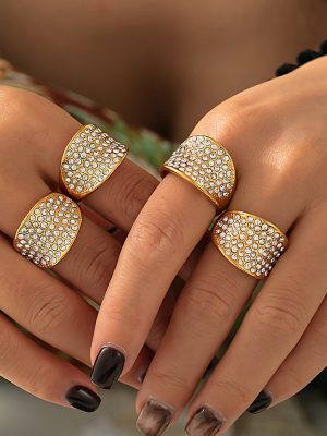 Vintage Jewelry Micro-Inlaid Full Diamond Concave Stainless Steel PVD Plated 18K Real Gold Light Luxury Index Finger Ring
