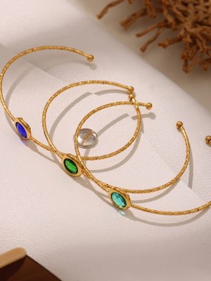 round Cut Czech Glass Stone Open-Ended Bracelet Fine Circle Stainless Steel Color Retaining Light Luxury Bracelet