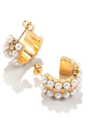 Retro Stainless Steel Earrings 18K Gold-Plated C- Shaped Inlaid White Pearl Women's All-Match Light Luxury