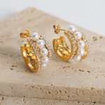 New High-Grade Light Luxury Personality Geometry C- Shaped Stainless Steel Gold-Plated Pearl Earrings Jewelry Women