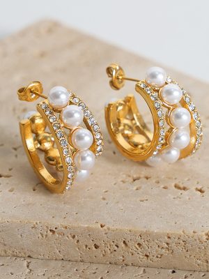 New High-Grade Light Luxury Personality Geometry C- Shaped Stainless Steel Gold-Plated Pearl Earrings Jewelry Women