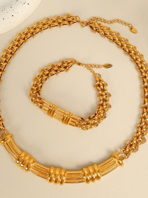 New Vintage Bamboo Joint Necklace, Bracelet Set Plated 18K Real Gold Heavy Industry Design Cuban Link Chain