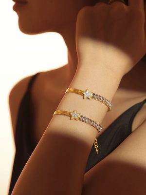 French Style Blade Chain Five-Pointed Star Rectangular Zircon Bracelet Light Luxury Stainless Steel 18K Gold Plating New Bracelet