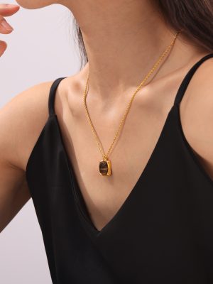 Hepburn Elegant Graceful Personality Double Layer Twin Design Necklace Tigereye Pendant Stainless Steel Gold Plated Ornament