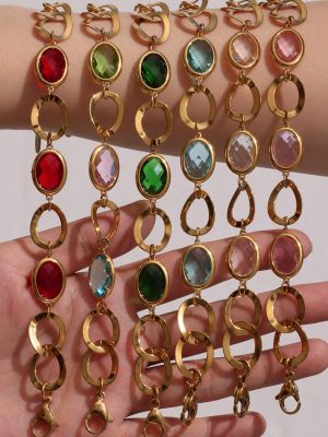 Super Flash Glass Stone Ring Buckle Bracelet Stainless Steel Gold Plated Luxury Elegant Fine Jewelry Ornament