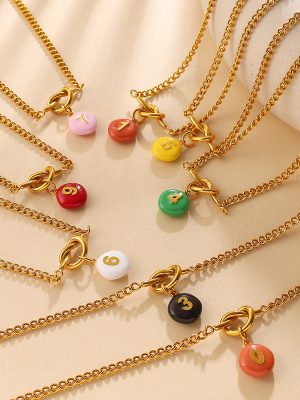 Summer Beach Dopamine Contrast Color Number Card Knotted Necklace 18K Gold Plated Twin Clavicle Chain