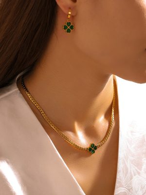 Four-Leaf Flower Love Glass Stone Set New Stainless Steel Earrings Necklace Bracelet Three-Piece Set