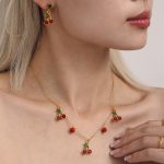 Natural Stone Beaded Fresh Sweet Red Cherry Fruit Necklace Glass Stone Stud Earrings New White Set