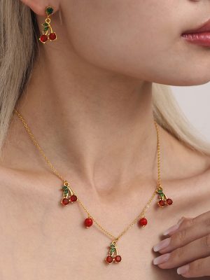 Natural Stone Beaded Fresh Sweet Red Cherry Fruit Necklace Glass Stone Stud Earrings New White Set