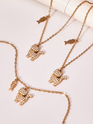 Exquisite Full Diamond Kitty Fishbone Pendant Bracelet Clavicle Chain 18K Gold Plating Personalized Jewelry Set