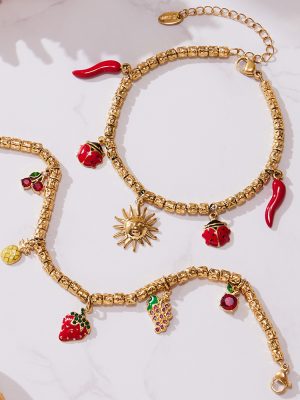 Stainless Steel Pepper Sun Multi-Accessories Embossed Steel Ball Bracelet Combination Plated 18K Real Gold Ornament