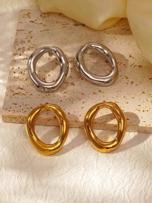 Twilight Mountain Geometric Hollow Oval Earrings Women's Stainless Steel Studs Personality Plated 18K Earrings