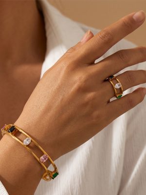 Advanced Light Luxury Color Zircon Opening Bracelet Ring Stainless Steel 18K Gold Plating Geometric Set