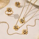Stainless Steel Three-Dimensional Clover Zircon Necklace Bracelet Plated 18K Gold Light Luxury All-Match Ring Earrings