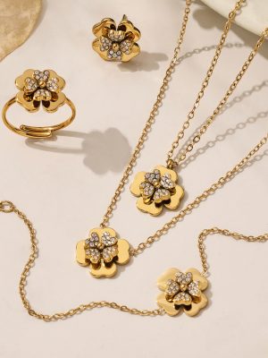 Stainless Steel Three-Dimensional Clover Zircon Necklace Bracelet Plated 18K Gold Light Luxury All-Match Ring Earrings