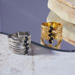 Personalized Copper Ring Geometric Multi-Layer Texture Design Diamond-Embedded Open Ring