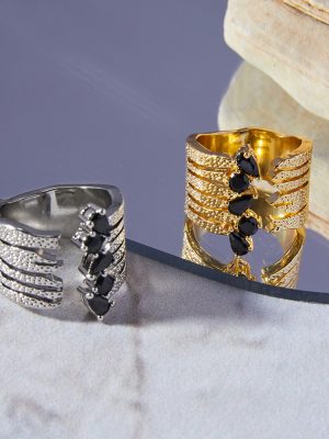 Personalized Copper Ring Geometric Multi-Layer Texture Design Diamond-Embedded Open Ring