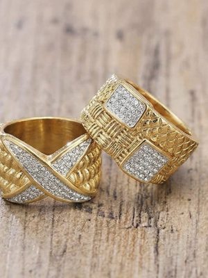 Super Flash Inlaid Czech Diamond Stainless Steel Index Finger Ring 18K Gold Plating Texture Retro Affordable Luxury Ring