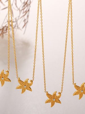 Vintage Ocean Starfish Pendant Necklace Stainless Steel Plated 18K Gold and Daylight Color Often Versatile