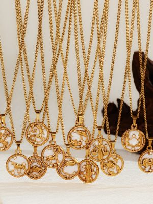 Twelve Constellation Pendant Stainless Steel Necklace All-Match Women's round PVD Electroplating