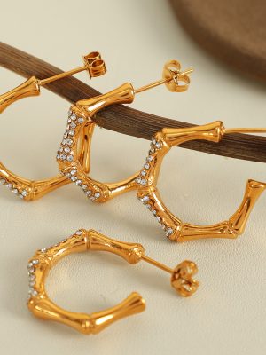 Simple All-Match Women's Geometric Earrings 18K Gold Plating C- Shaped Bamboo Rhinestone-Encrusted Earrings