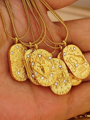 All-Match Retro Constellation Pendant Necklace Ornament Stainless Steel Casting Oval Zircon Pendant