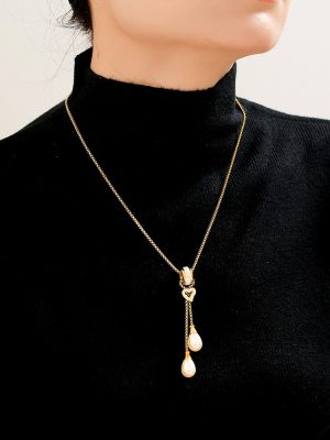 Light Luxury Buckle Heart Tassel Imitation Pearl Pendant Necklace Stainless Steel Gold Plated Twin Ornament Women