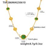 color: TXP286-Gold Green Glass Stone Necklace 44+5cm