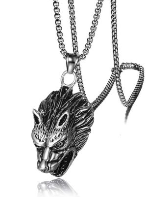 Wolf Head Pearl Chain Necklace Stainless Steel Vintage Pendant Ornaments Power Style Personalized Accessories