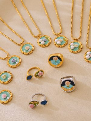 Colorful Oil Painting Flower Pearl Ring Light Luxury Design Necklace Female Court Stainless Steel Jewelry Set